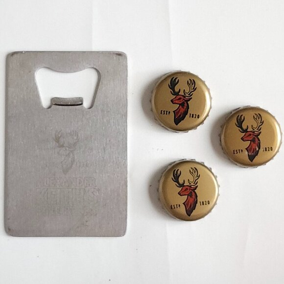 ALEXANDER KEITH'S FINE BEERS BOTTLE OPENER WITH 3 BOTTLE CAPS LOT - Picture 1 of 4
